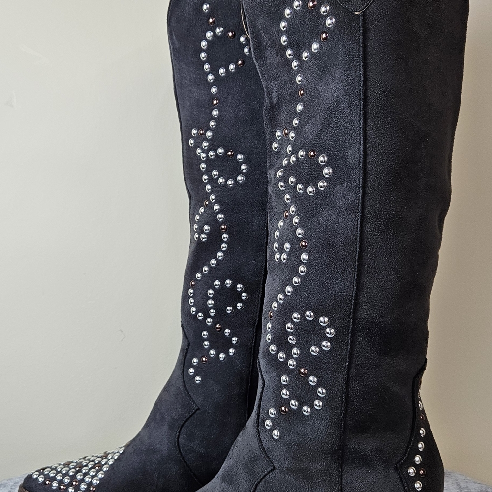 Studded Black Suede Knee-High Heeled Boots - Picture 3 of 12